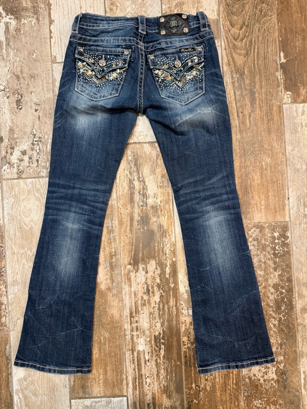 Miss Me Signature Dark Blue Embellished Pocket Flare Jeans